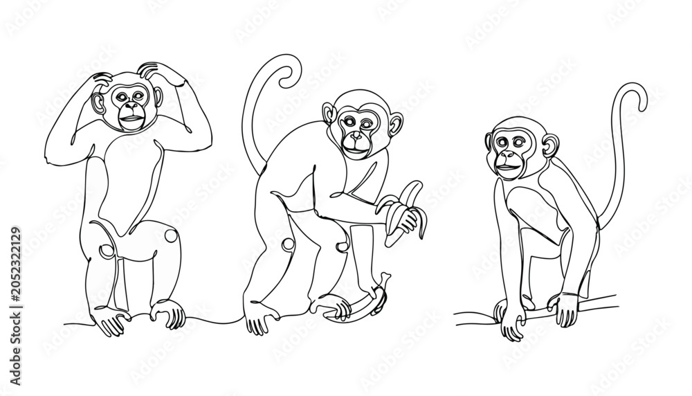 Obraz premium Continuous Simple black line art drawing set of monkey in a minimalist style on a white background.