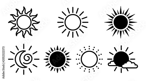 Black sun icon set with simple outline and silhouette symbols
