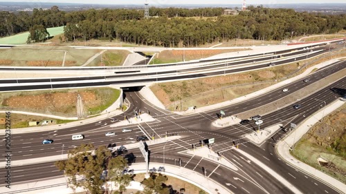 Aerial drone view above the M7 -M12 Interchange at Cecil Hills, Western Sydney, NSW Australia on a sunny morning in June 2026