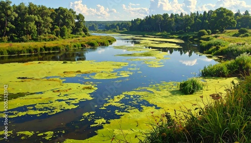 Scenic landscape featuring a winding river flanked by verdant vegetation. Lush greenery and trees adorn the banks under a clear blue sky