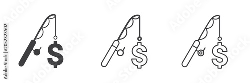 Foto Three fishing rod icons with dollar sign bait on a white background reel line