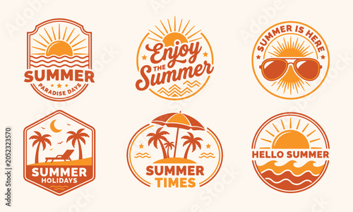 Vintage Summer Badge Collection with Beach Sun Palm Retro Typography Vector Set