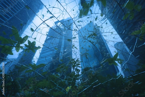 Abstract view through cracked glass towards modern high-rise city buildings