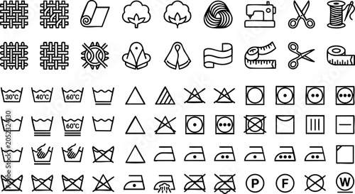 Foto Professional textile manufacturing and fabric care symbols icon set with clothin