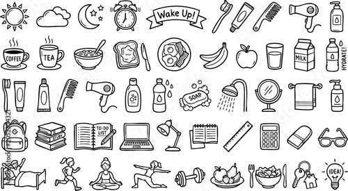 Foto Morning routine and daily activities hand drawn icon set illustrating wake up ha