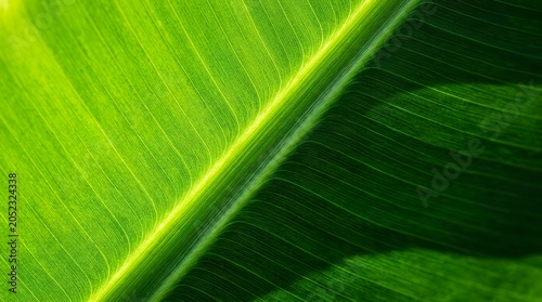 Close-up of a vibrant green banana leaf with visible veins and texture.