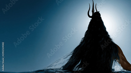 Lord Shiva silhouette with trident in blue night sky, spiritual worship, minimal concept
