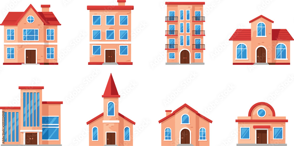 Fototapeta premium Residential Building Collection Set Featuring Houses Apartments Commercial Properties and Urban Architecture for Real Estate Illustrations