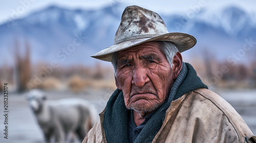 Older Indigenous rancher portrait with mountain ranch background, serious expression, weathered face and weathered hat