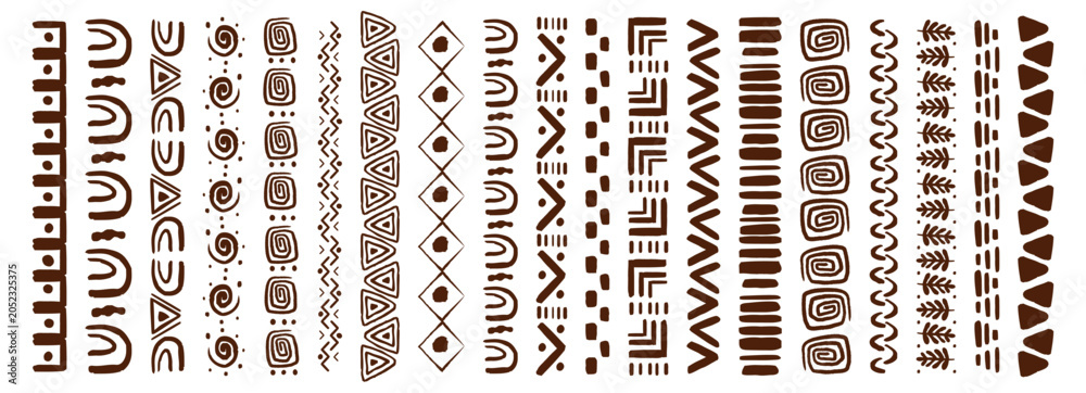 Fototapeta premium Tribal African folk border, decorative ethnic motif hand drawn doodle set. Tribal geometric design. Aztec art dividers, trendy boho separators.