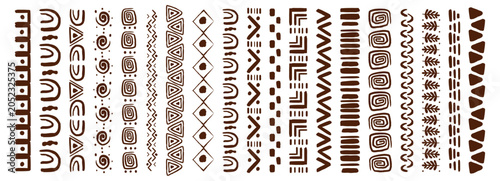 Tribal African folk border, decorative ethnic motif hand drawn doodle set. Tribal geometric design. Aztec art dividers, trendy boho separators.