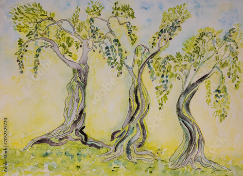 Tree olive trees painted in bright greens. The dabbing technique gives a soft focus effect due to the altered surface roughness of the paper.