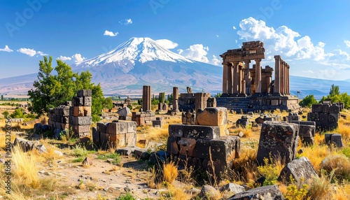 Scenic panorama showcasing ancient stone ruins set against a backdrop of a snow-capped mountain under a bright blue sky