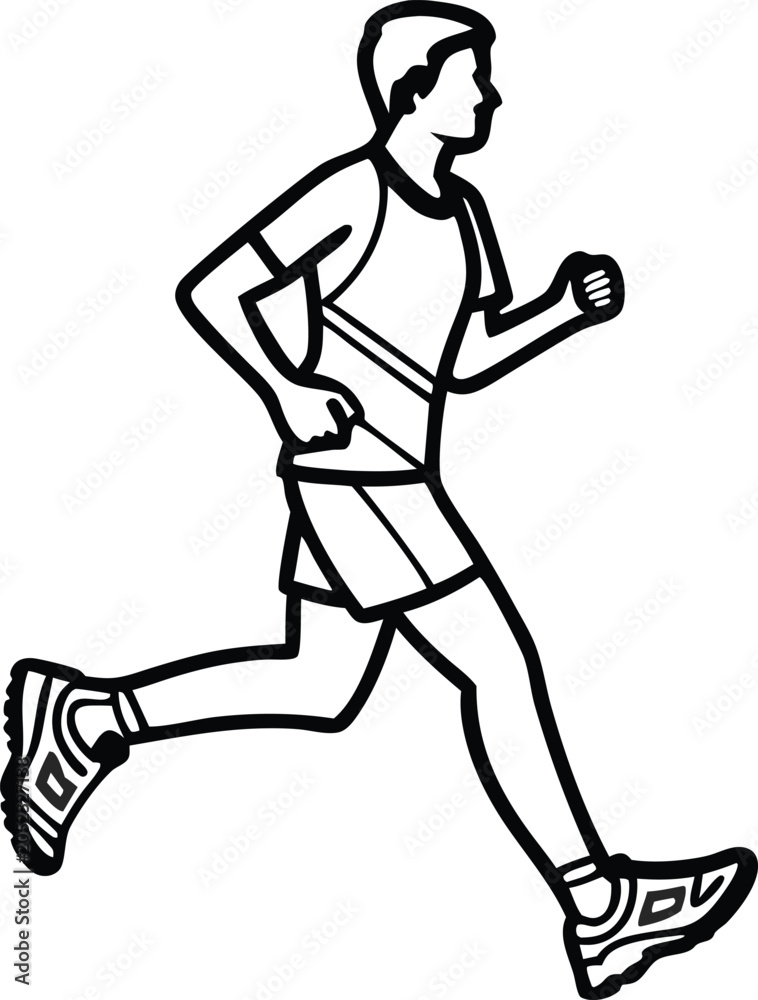 Obraz premium Minimalist running man line art vector, male athlete jogging in profile, black and white sports silhouette for fitness and marathon branding