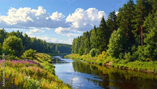 Scenic river winding through lush green forest under a brilliant blue sky dotted with puffy white clouds on a sunny day