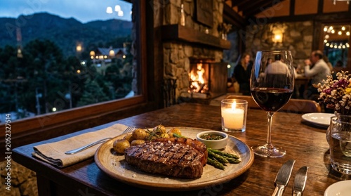 Cozy restaurant dinner with steak and wine by fireplace overlooking mountains