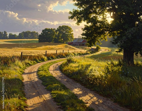 Scenic rural landscape with a winding dirt road leading towards a red barn, embraced by golden fields and a large tree
