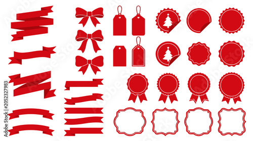 Red ribbon, bow, tag and badge icon set on white background