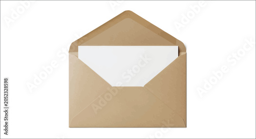 Tableau sur toile Opened kraft envelope with blank white paper isolated on white background