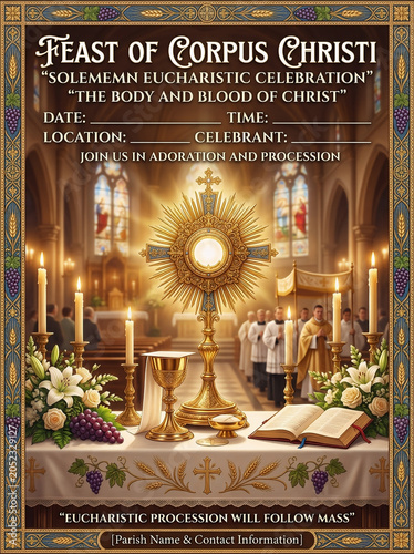 Corpus christi religious celebration template with monstrance and chalice