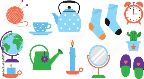 Fotografi Colorful Household and Lifestyle Icon Collection Set Featuring Teapot Socks Alar