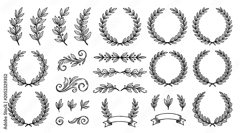 Fototapeta premium Set of hand drawn laurel wreaths and floral ornament dividers