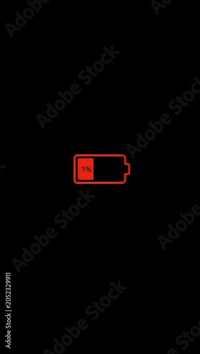 Red 1 Percent Low Battery Icon Glowing on Black Background, Minimalist Critical Charge Warning Symbol