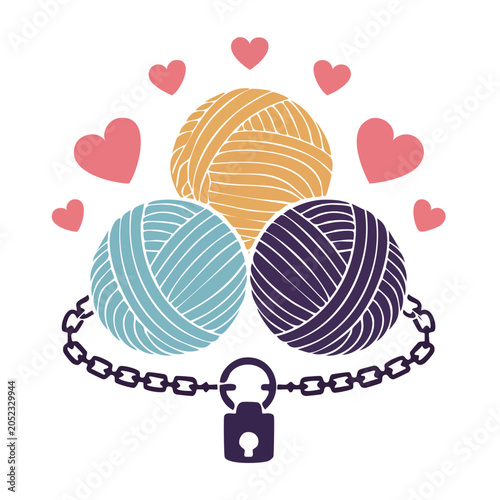 Yarn Balls with Hearts, Chain, and Lock