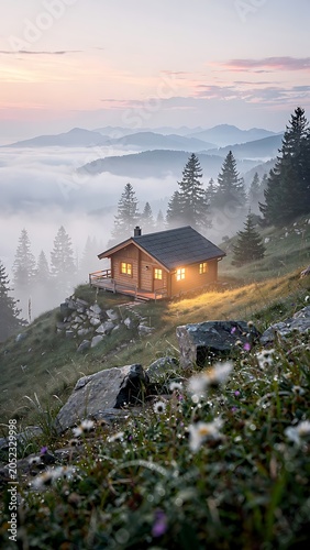 Cozy Wooden Cabin Glowing on Misty Alpine Hillside at Sunrise with Wildflowers and Mountain Views