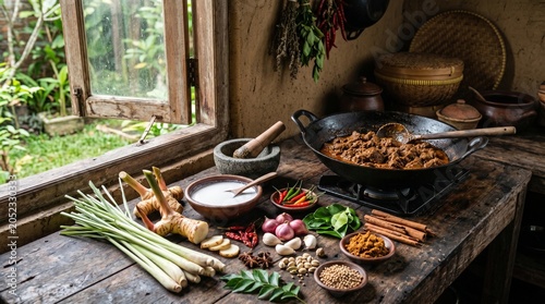 Authentic rendang surrounded by traditional Indonesian ingredients. Ideal for recipe content, culinary education, food blogs, and restaurant branding.