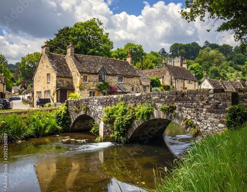 Scenic village scene featuring a stone bridge arching over a flowing stream, with charming cottages