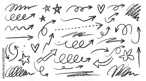 Set of monochrome charcoal doodle arrows, lines, hearts and stars