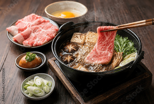 Classic Japanese Sukiyaki Hot Pot Featuring Tofu, Mushrooms and Wagyu Beef