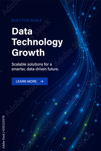 Big Data Technology Growth Poster With Blue Flowing Network Lines And AI Driven Digital Lights