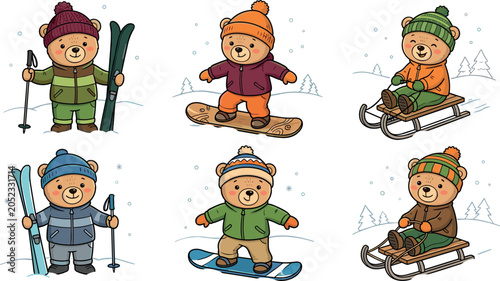 Fotografie Cute Teddy Bear Winter Sports Character Set with Adorable Cartoon Bears Skiing S