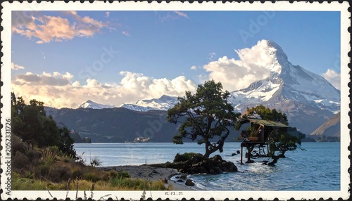 Scenic vista featuring a tranquil lake with a small treehouse, majestic mountain in background, framed by a stamp border