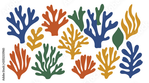 Abstract coral and seaweed shapes in colorful flat vector set
