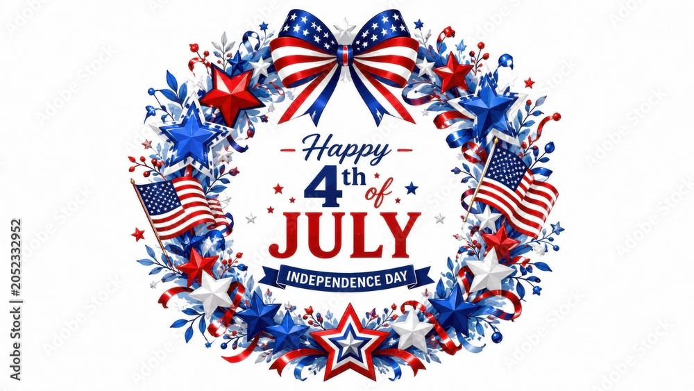 Obraz premium Patriotic 4th of July wreath with American flags, festive Independence Day floral arrangement with stars and bow, red white and blue holiday greeting
