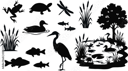 Bild auf Leinwand Set of solid black wetland silhouette icons featuring pond animals, duck, heron,
