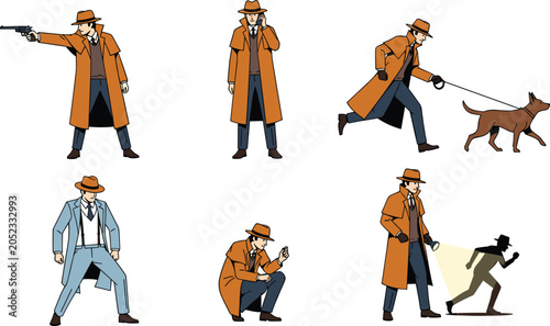 Detective Investigator Character Collection Set Featuring Crime Scene Investigation Surveillance Tracking and Mystery Solving Illustrations