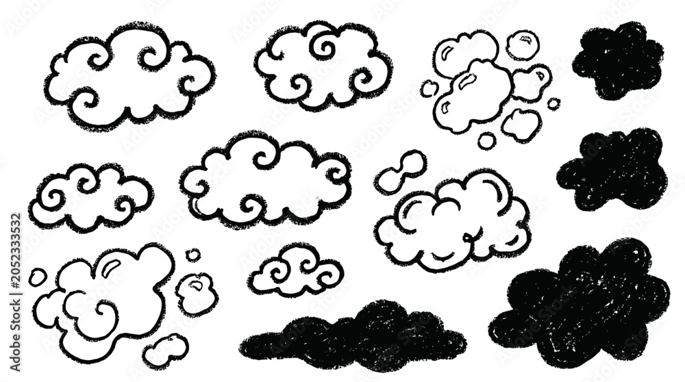 Fototapeta premium Hand drawn black cloud shapes and organic bubble doodles