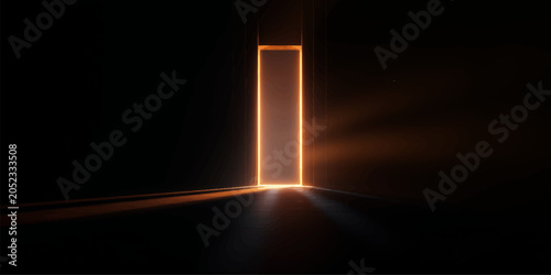 Canvastavla An open doorway in a dark room reveals a bright light of light in the darkness,