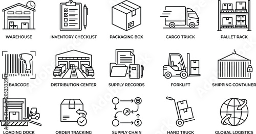 Bild auf Leinwand Silhouette of logistics and supply chain management icons isolated on transparen