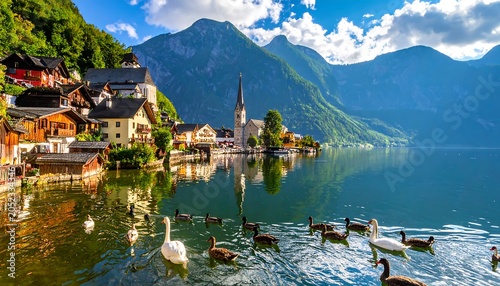 Scenic vista of a tranquil lake reflecting a picturesque village nestled amongst mountains, with swans and ducks in the foreground