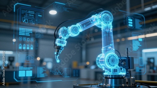 Industrial robotic arm in modern factory with holographic interface