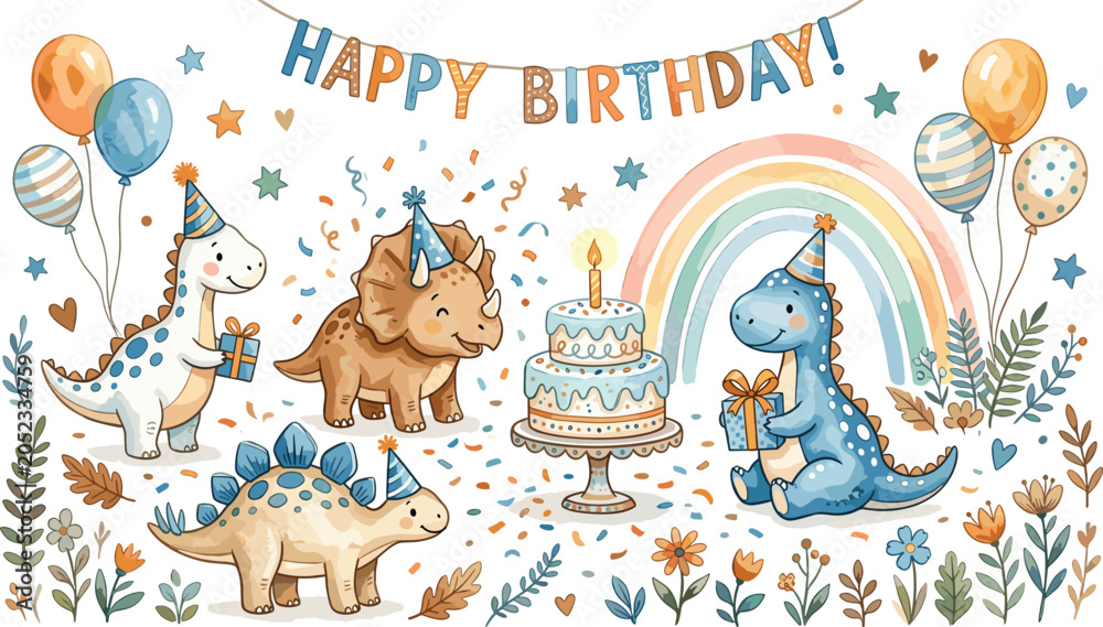 Naklejka premium Cute Dinosaur Birthday Party Vector Illustration Set with Cartoon Characters Cake Balloons Rainbow and Happy Birthday Banner for Kids Invitation Designs