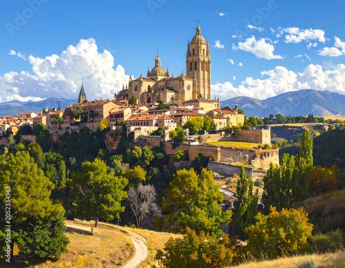 Scenic vista of an ancient cathedral atop a hill, with an ornate exterior, surrounded by foliage and mountains