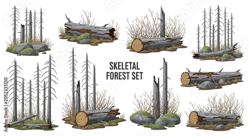 A collection of eight isolated digital illustrations featuring skeletal dead trees fallen logs dry brush and mossy stones