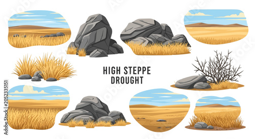 Photos A collection of high steppe drought assets featuring various rock formations dry