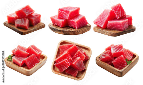 Set of raw tuna cubes Micronesian sashimi isolated on white transparent background, representing seafood freshness